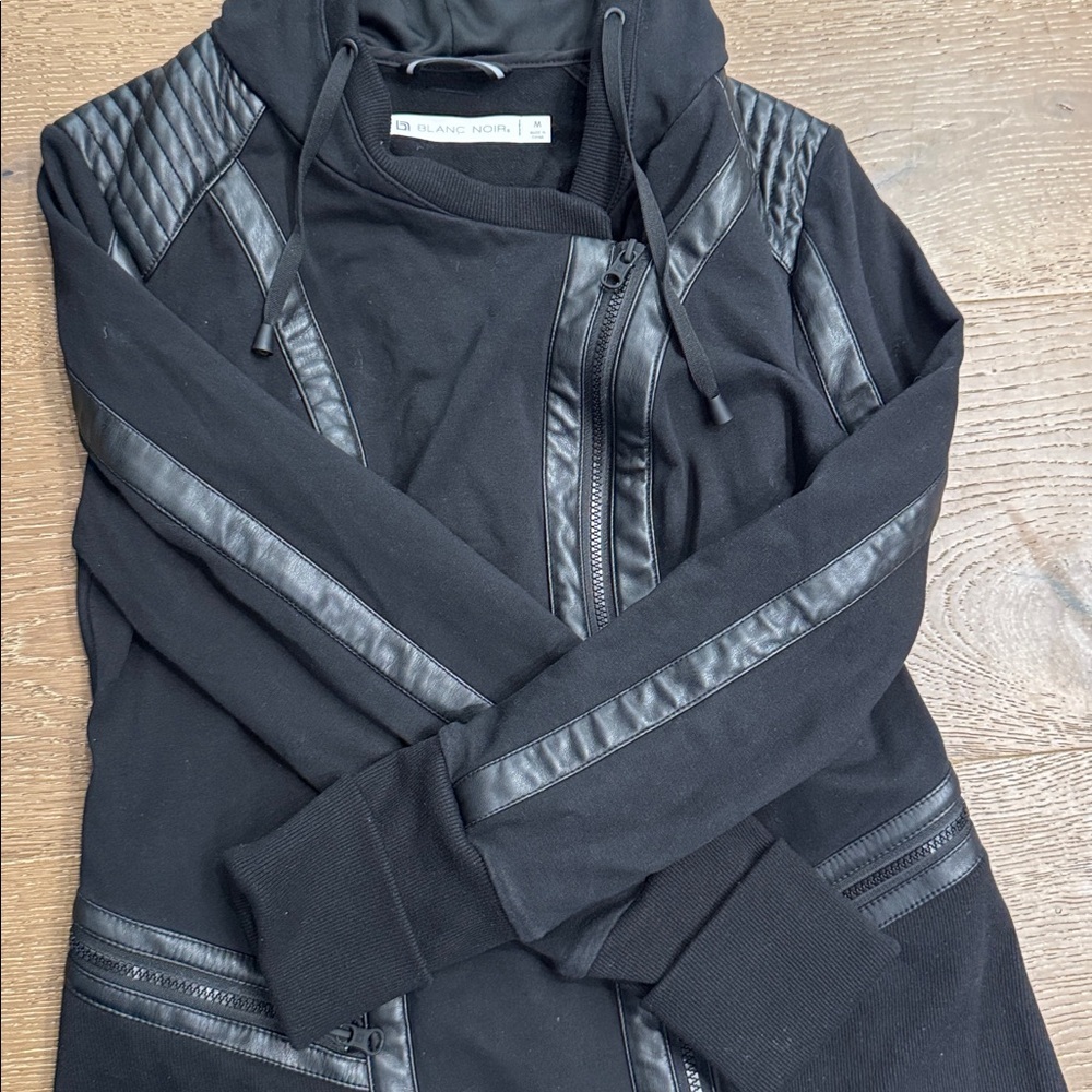 Blanc Noir Black Moto Hooded Jacket Faux Leather Trim Size M - Picture 7 of 8